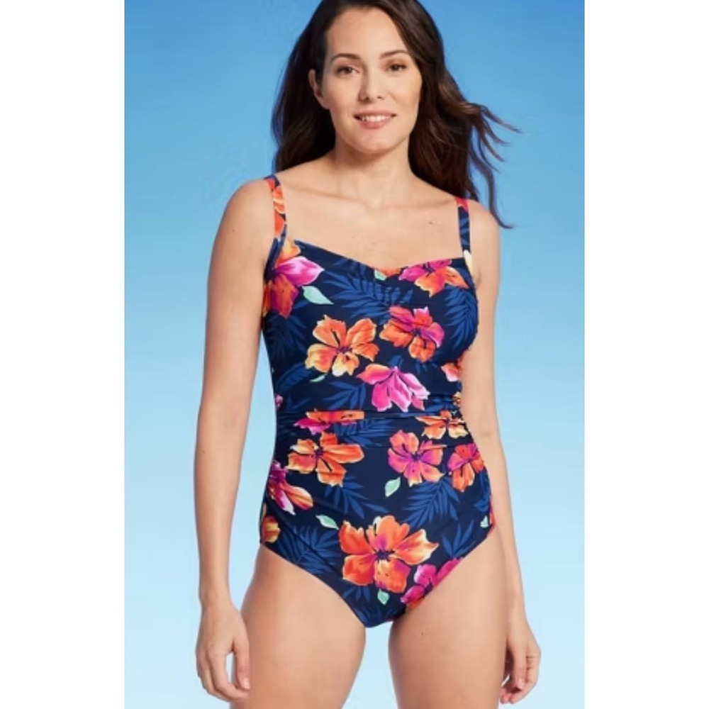 Lands End Womens Tropical Floral One Piece Swimsuit Navy Blue Medium 10-12 NEW
